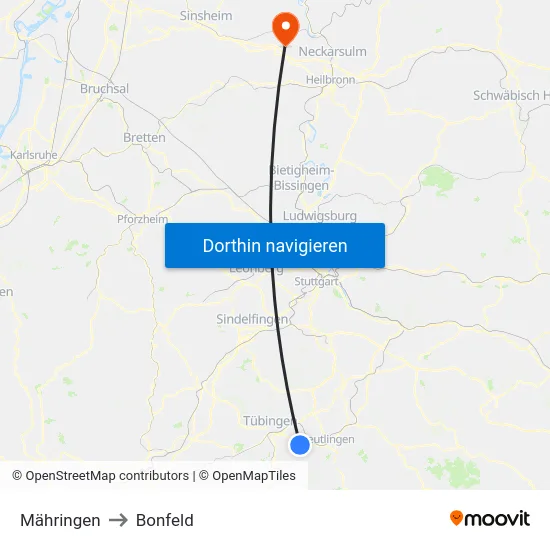 Mähringen to Bonfeld map