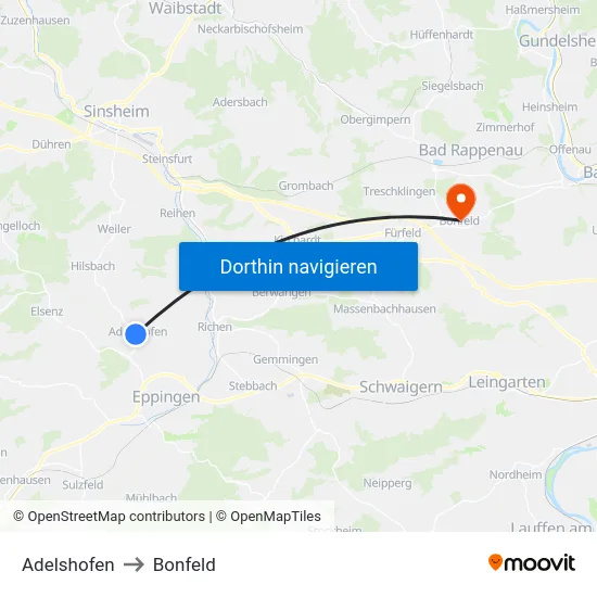 Adelshofen to Bonfeld map
