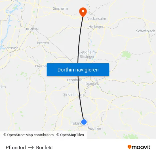 Pfrondorf to Bonfeld map