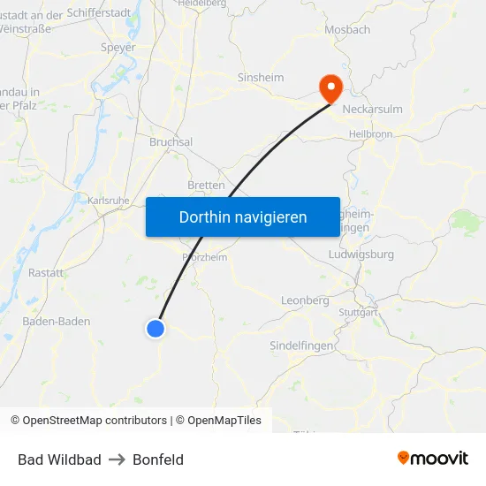 Bad Wildbad to Bonfeld map