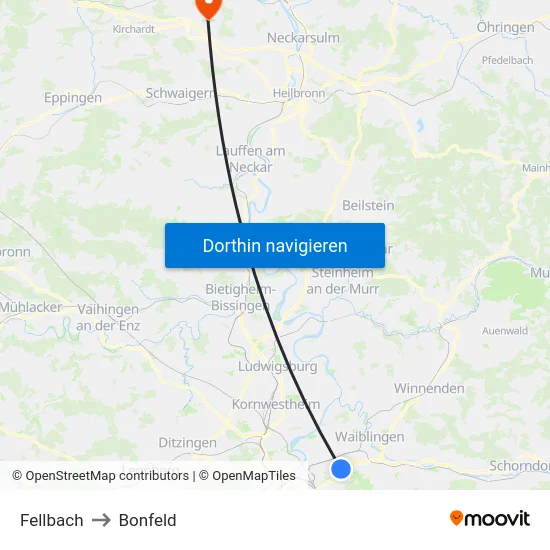 Fellbach to Bonfeld map