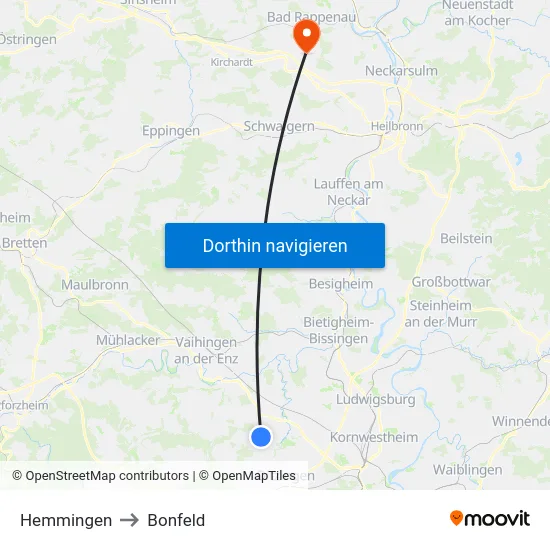 Hemmingen to Bonfeld map