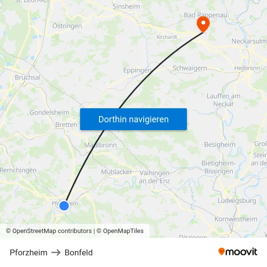 Pforzheim to Bonfeld map