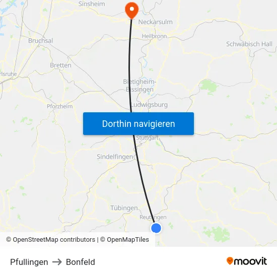 Pfullingen to Bonfeld map