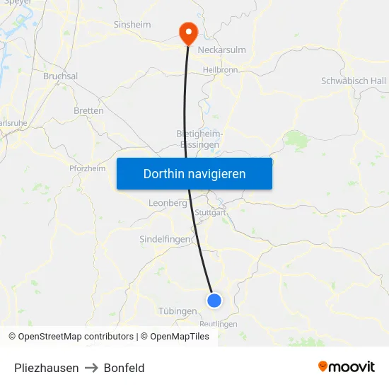 Pliezhausen to Bonfeld map