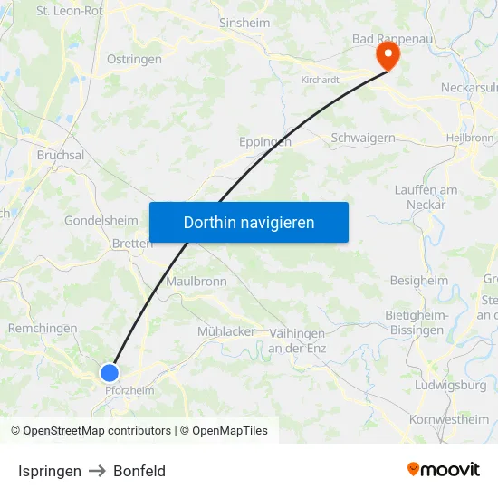 Ispringen to Bonfeld map