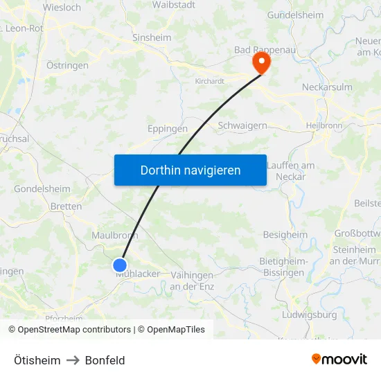 Ötisheim to Bonfeld map