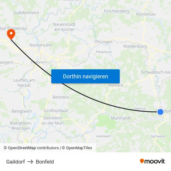 Gaildorf to Bonfeld map