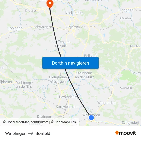 Waiblingen to Bonfeld map