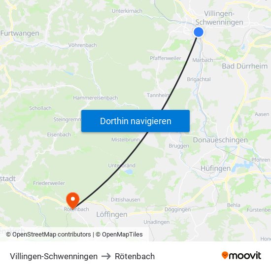 Villingen-Schwenningen to Rötenbach map