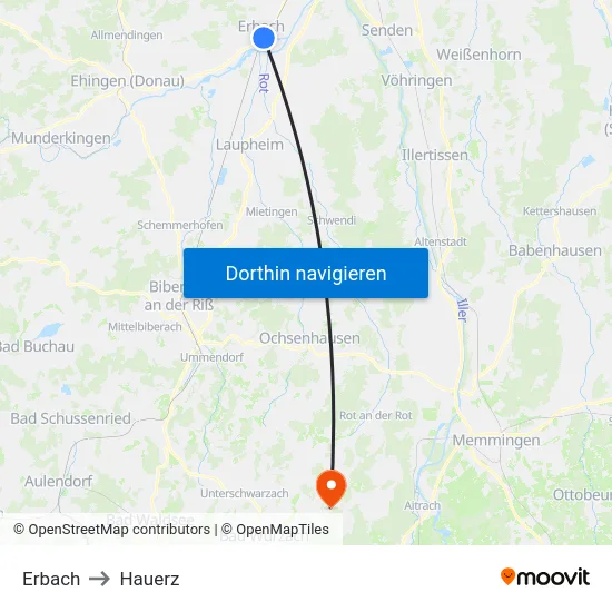 Erbach to Hauerz map