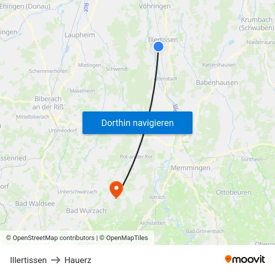 Illertissen to Hauerz map