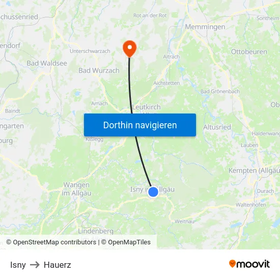 Isny to Hauerz map
