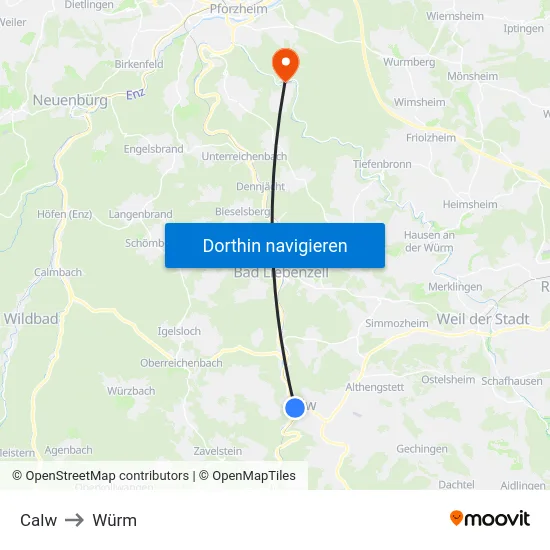 Calw to Würm map
