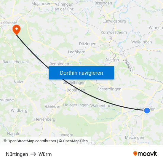 Nürtingen to Würm map