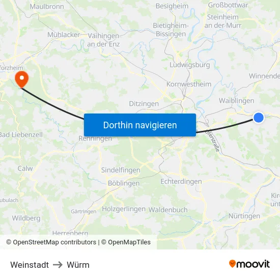 Weinstadt to Würm map