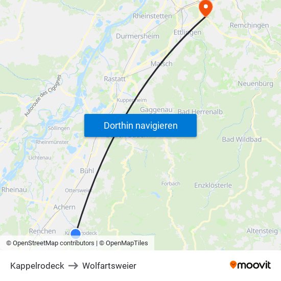 Kappelrodeck to Wolfartsweier map