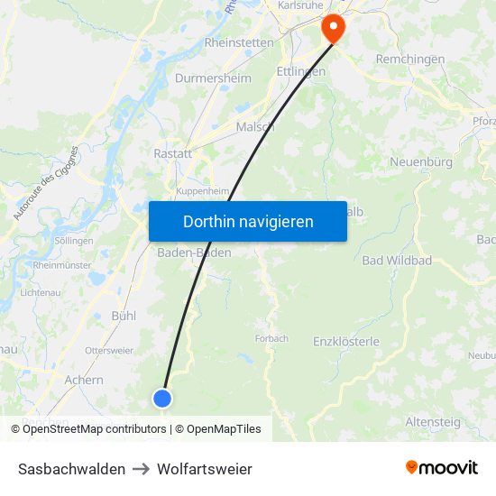 Sasbachwalden to Wolfartsweier map