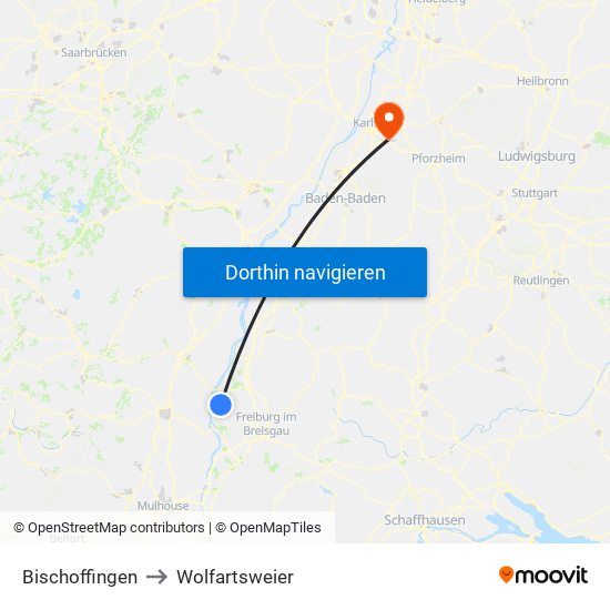 Bischoffingen to Wolfartsweier map