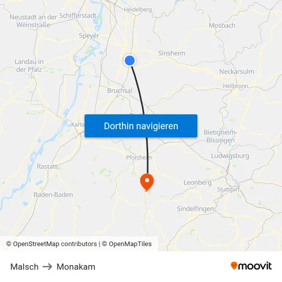 Malsch to Monakam map