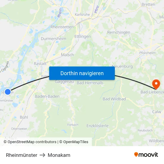 Rheinmünster to Monakam map