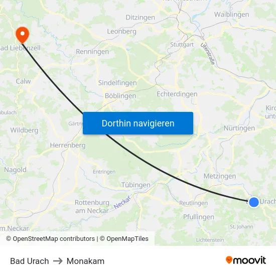 Bad Urach to Monakam map