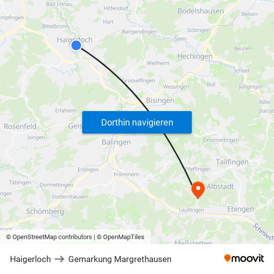Haigerloch to Gemarkung Margrethausen map