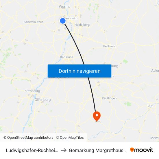 Ludwigshafen-Ruchheim to Gemarkung Margrethausen map