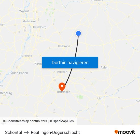 Schöntal to Reutlingen-Degerschlacht map