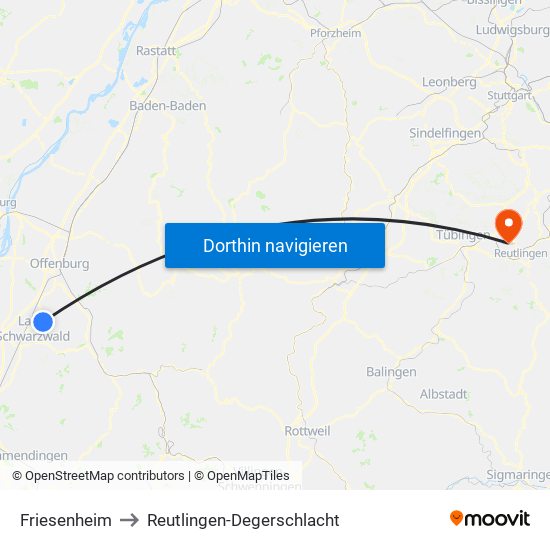 Friesenheim to Reutlingen-Degerschlacht map