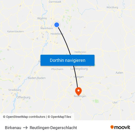 Birkenau to Reutlingen-Degerschlacht map