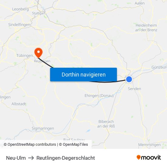 Neu-Ulm to Reutlingen-Degerschlacht map