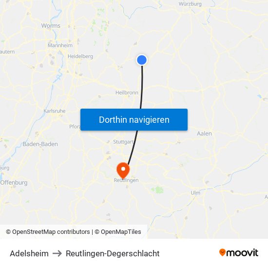 Adelsheim to Reutlingen-Degerschlacht map