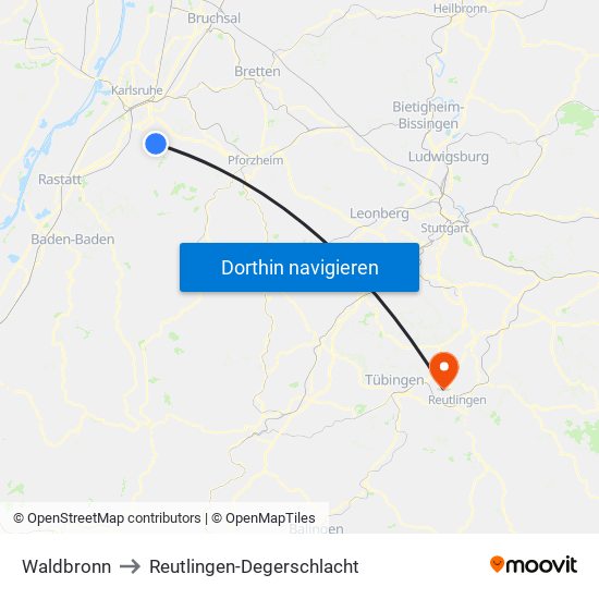 Waldbronn to Reutlingen-Degerschlacht map