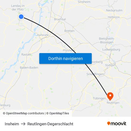 Insheim to Reutlingen-Degerschlacht map