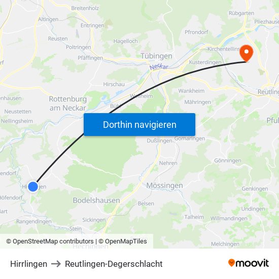 Hirrlingen to Reutlingen-Degerschlacht map