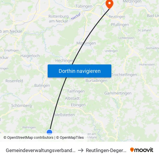 Gemeindeverwaltungsverband Meßstetten to Reutlingen-Degerschlacht map