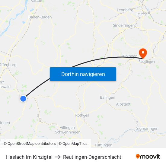 Haslach Im Kinzigtal to Reutlingen-Degerschlacht map