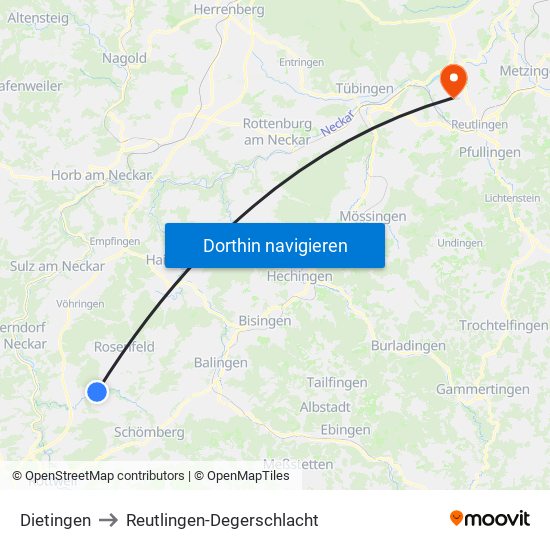 Dietingen to Reutlingen-Degerschlacht map