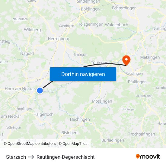 Starzach to Reutlingen-Degerschlacht map