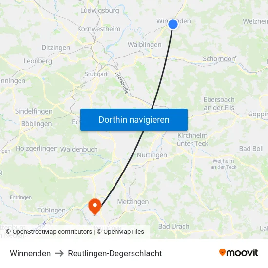 Winnenden to Reutlingen-Degerschlacht map