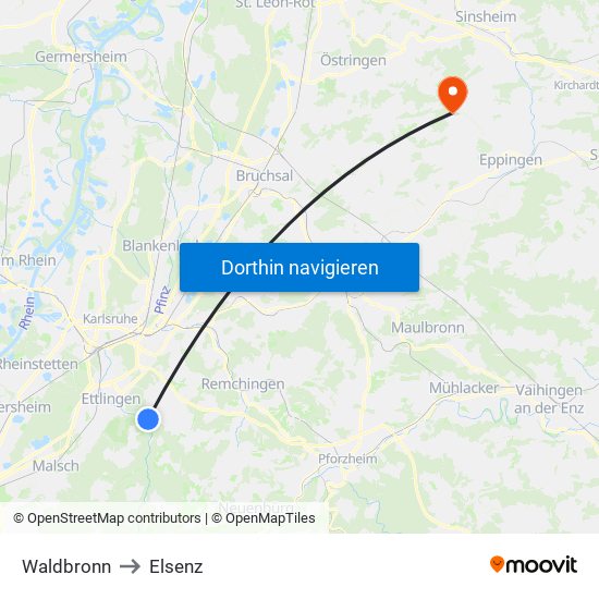 Waldbronn to Elsenz map