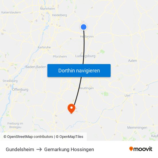 Gundelsheim to Gemarkung Hossingen map