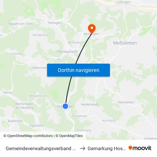 Gemeindeverwaltungsverband Meßstetten to Gemarkung Hossingen map