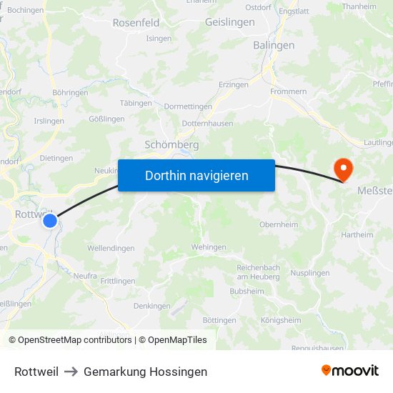 Rottweil to Gemarkung Hossingen map