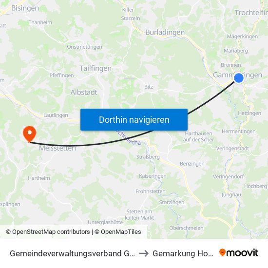 Gemeindeverwaltungsverband Gammertingen to Gemarkung Hossingen map