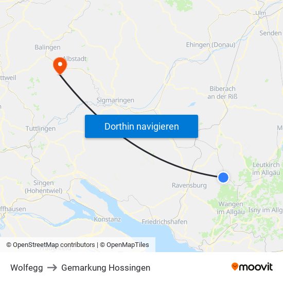 Wolfegg to Gemarkung Hossingen map