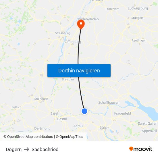 Dogern to Sasbachried map