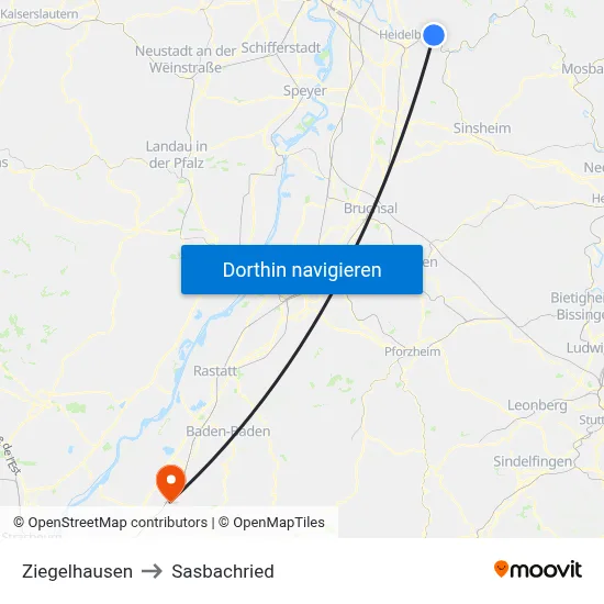 Ziegelhausen to Sasbachried map