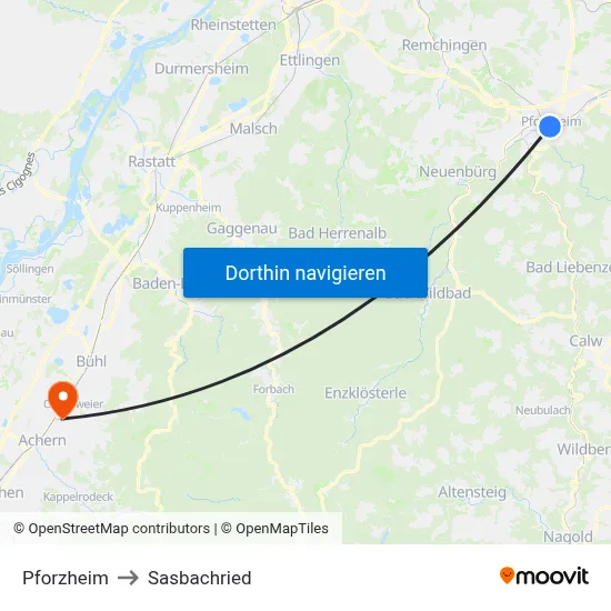 Pforzheim to Sasbachried map